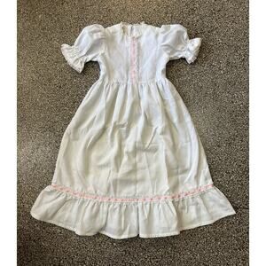 Vintage 70s Girls Maxi Dress White Pink Pique Waffled Cotton Boho Prairie 5 6